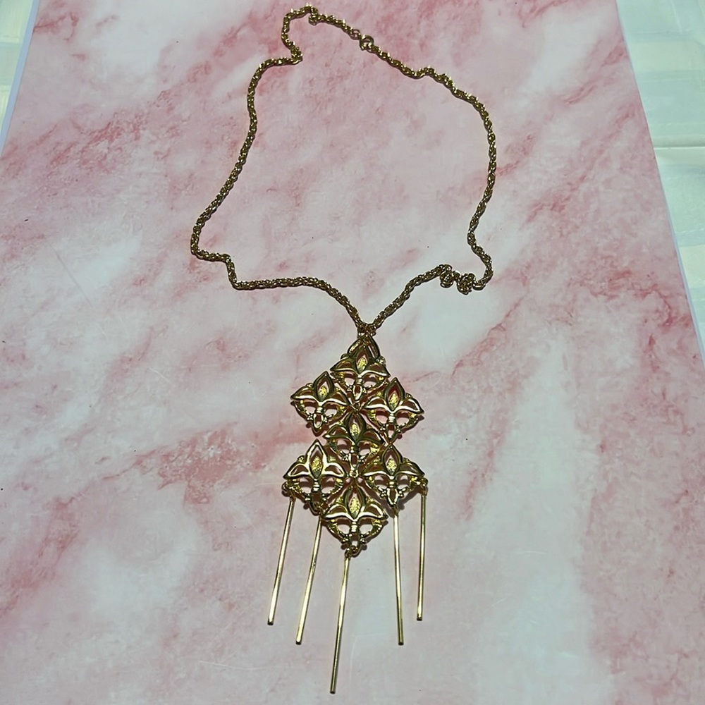 Gold Tone Alloy Filigree Motif Connector Charm Wind Chime Pendant 24” Necklace